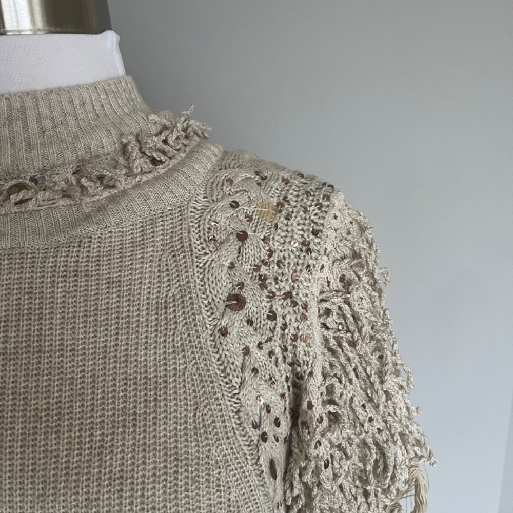 Anthropologie Aphrodite Fringe Embellished Embroidered Open Back Tee Top Sweater - Picture 6 of 11